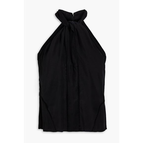 Frame Lace-Trimmed Black Silk Twist-Front Silk-Satin Halterneck Top Size L - Picture 1 of 4